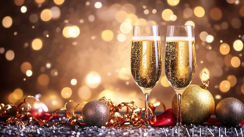 Sparkling champagne flutes with golden bokeh celebration backdrop.