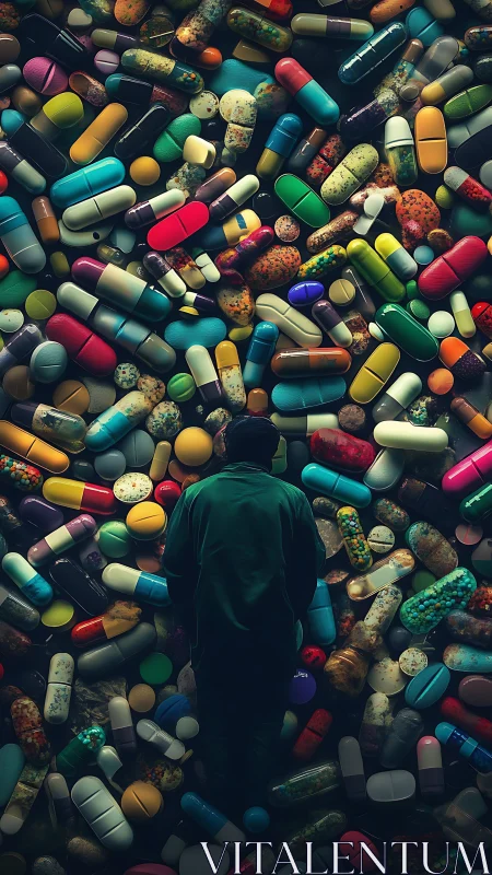 Solitary figure stands amid overwhelming sea of capsules.