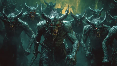 Demonic horde advances through mist with cinematic depth