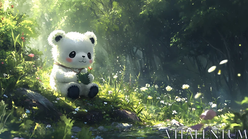 Fluffy white bear toy sits in sunlit forest clearing