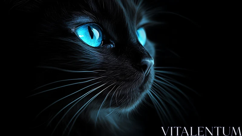 Black Feline with Luminous Cyan Eyes Against Void Background.