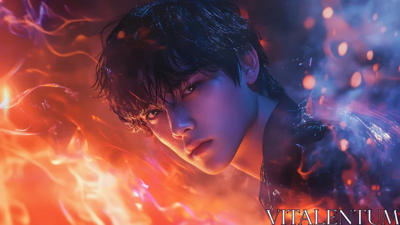 Digital portrait shows intense youth framed by vivid flames