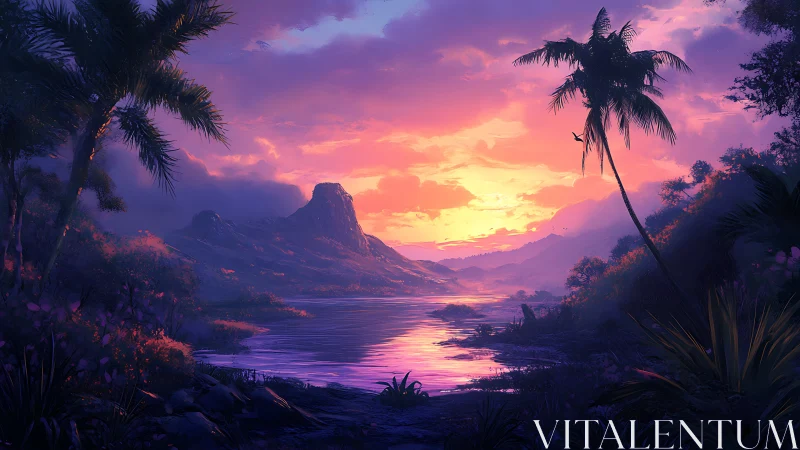 Tropical Sunset Over Mountain Lake Digital Art.