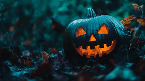 Pumpkin grin glowing in a moody twilight autumn forest.