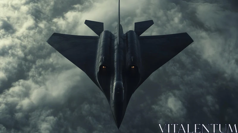 Midnight stealth jet gliding through stormy cloud canyons.