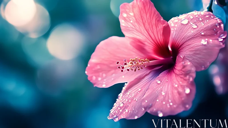 Pink Hibiscus with Dewdrops Against Teal Blue Background