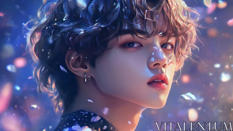 Digital portrait of young person in glowing petal field.