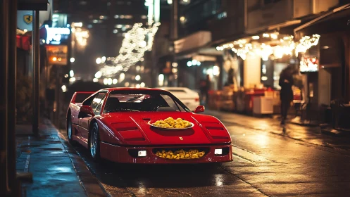 Red sports car on wet city street carrying lemons at night.