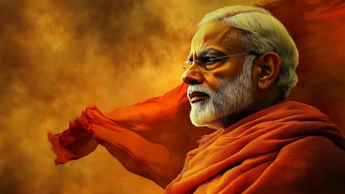 Elderly leader profile with flowing saffron drapery, lit flame-gold