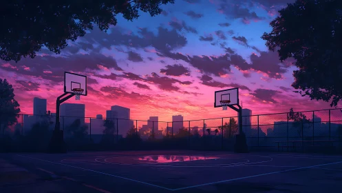 Sunset city basketball court under glowing twilight sky.