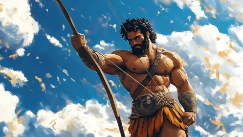 Heroic archer studies bowstring tension against dynamic sky