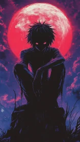 Silhouetted figure crouches before oversized blood-red moon