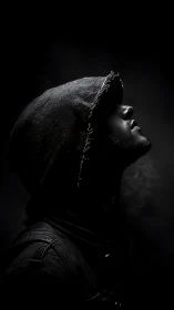 Hooded silhouette inhaling midnight fog and quiet resolve.