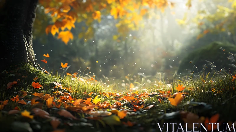 Sunlit forest floor with scattered autumn foliage.