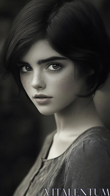 Monochrome portrait highlights freckled gaze and lace texture.