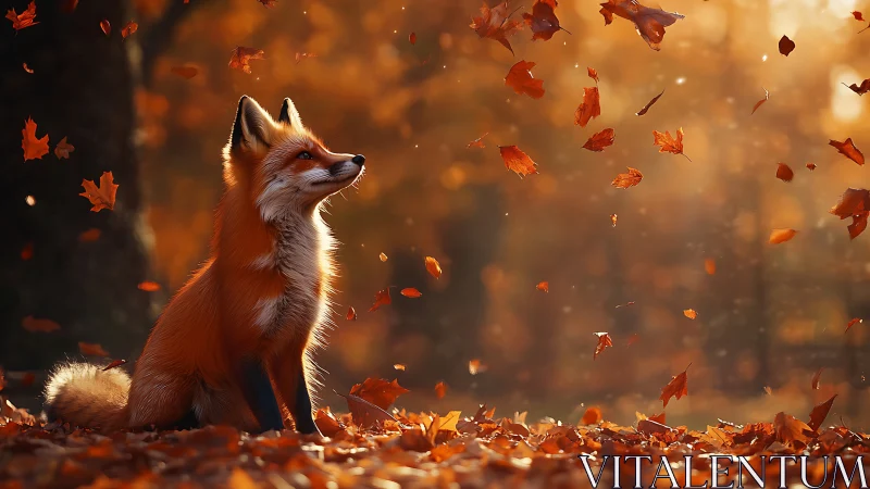 Red fox observes swirling autumn leaves in warm bokeh light