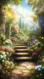 Stone garden steps ascending through dense flowering plants.
