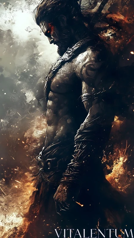 Fallen fire warrior emerges through swirling embers and ash.