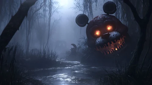 Gigantic animatronic bear head with glowing eyes in misty swamp