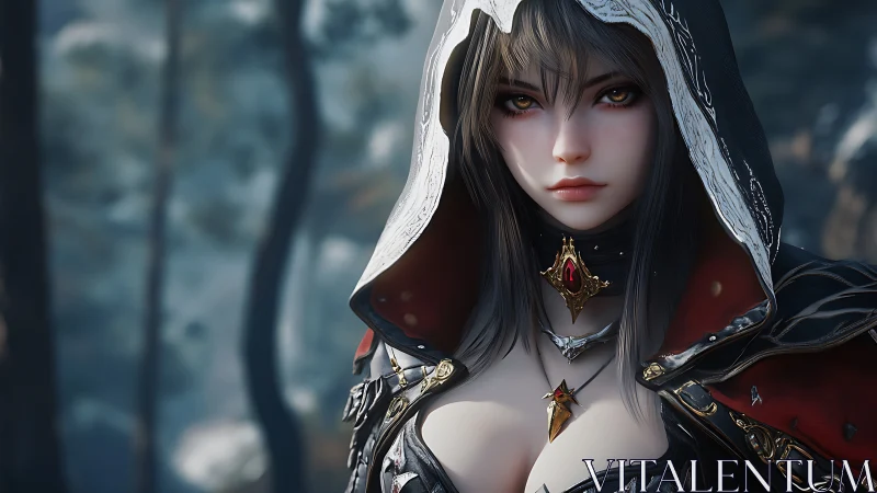 Hooded female character rendered with detailed fantasy armor