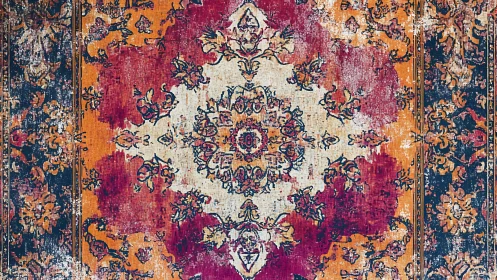 Worn floral Persian-style rug shows central medallion pattern