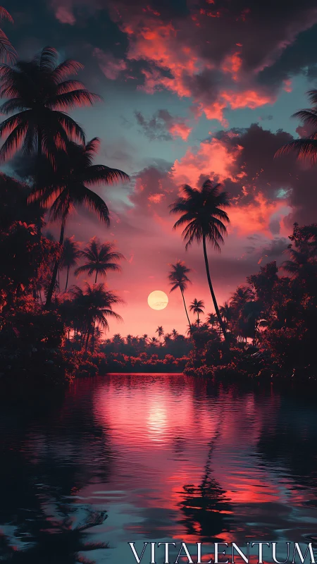 Tropical river under vivid pink sunset sky reflection.