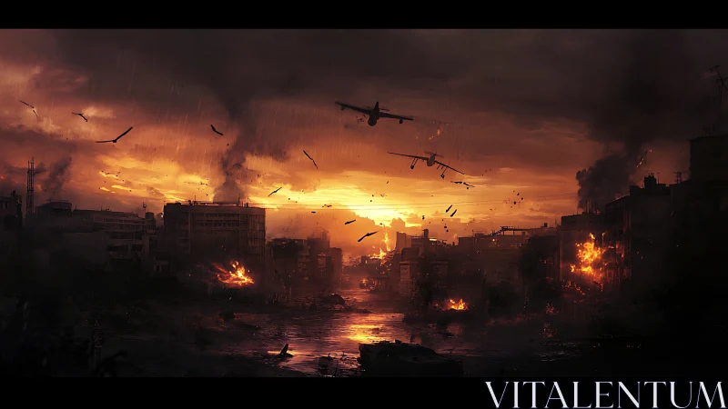 Urban warzone skyline under incendiary aerial bombardment at dusk