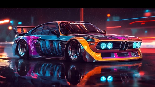 Neon-lit modified race car stands on wet city street at night