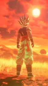 Cel-shaded warrior under volumetric sunset irradiance field.