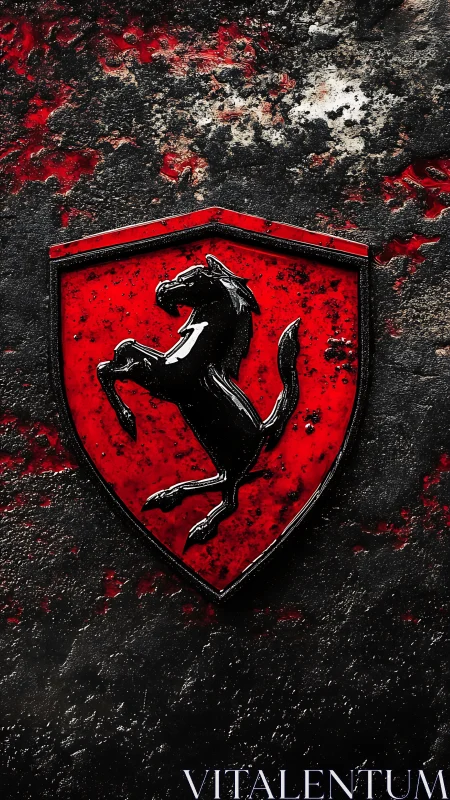 Weathered prancing horse crest on distressed red enamel shield
