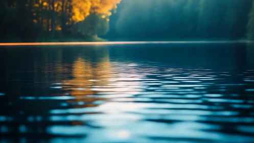 Golden forest reflections ripple across a tranquil blue lake
