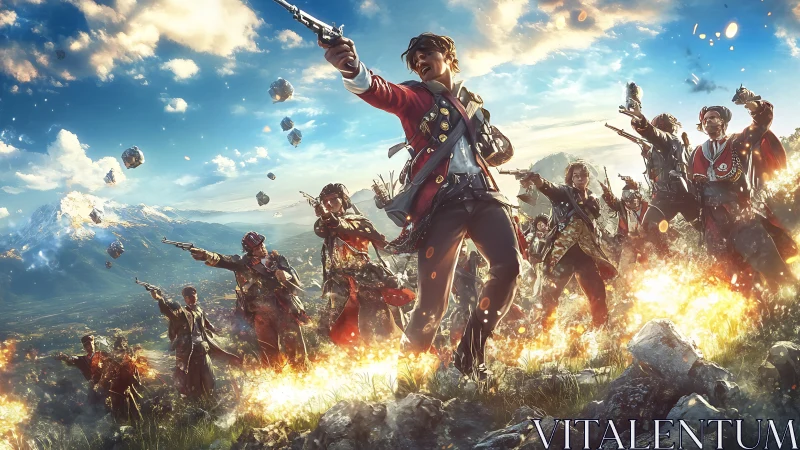 Military Heroes Triumphing Over Golden Fire in Mountain Landscape