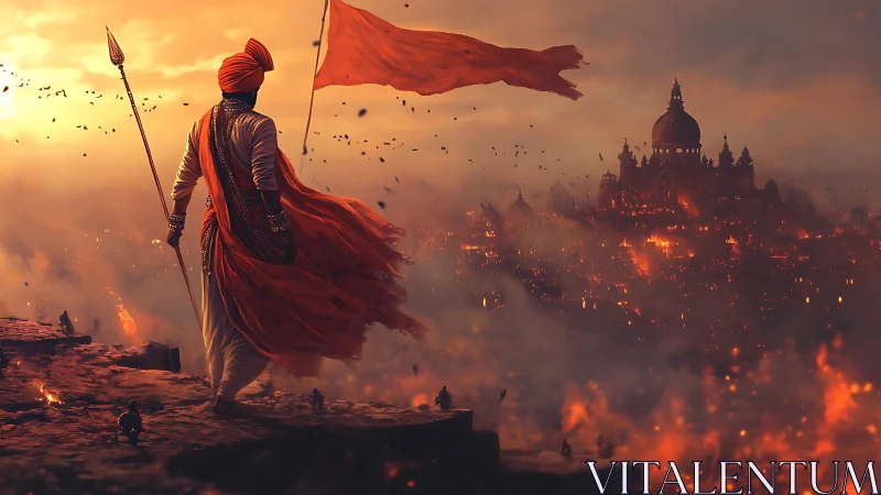 Warrior in saffron robes overlooking burning citadel at dusk.