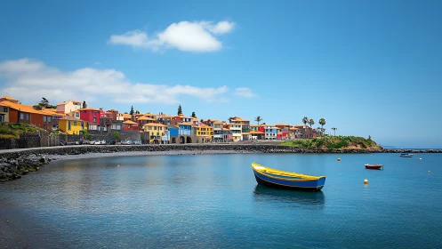 Colorful coastal village with calm bay and moored boats