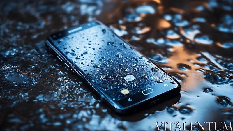 Smartphone with water droplets on dark reflective surface