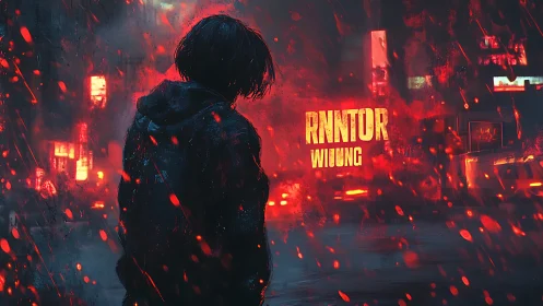 Backlit lone figure in neon-saturated cyberpunk rainfield.