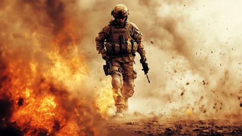 Armored soldier advances through explosive fire with dynamic debris