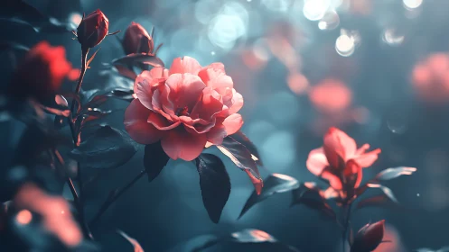Coral Blooms Drift Through Twilight Bokeh.