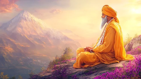 Digital painting of meditating sage before luminous peaks.