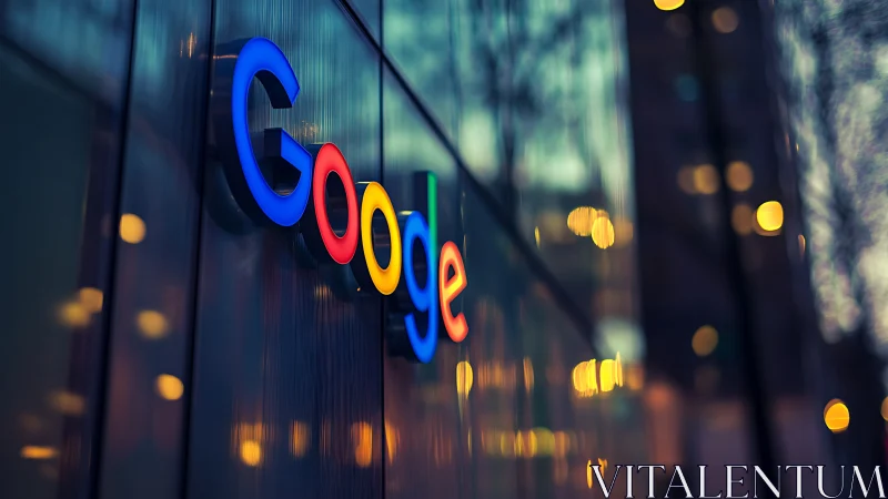 Google office logo glowing against blurred city lights.
