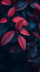 Red leaves with water droplets on dark defocused background.
