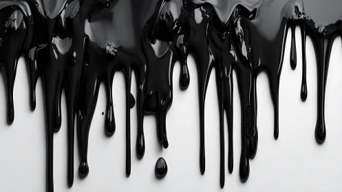 Glossy black paint drips cascade over stark white canvas.