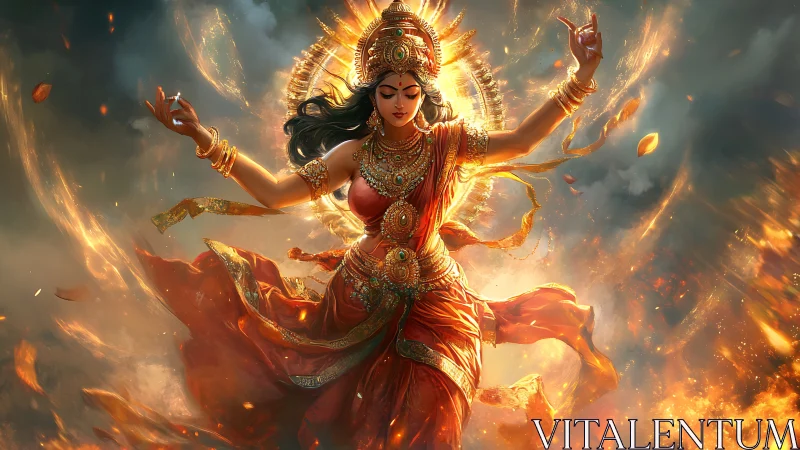 Fiery goddess figure dancing in swirling divine flames.