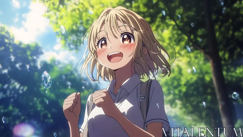 Blonde student stands outdoors amid suspended water droplets