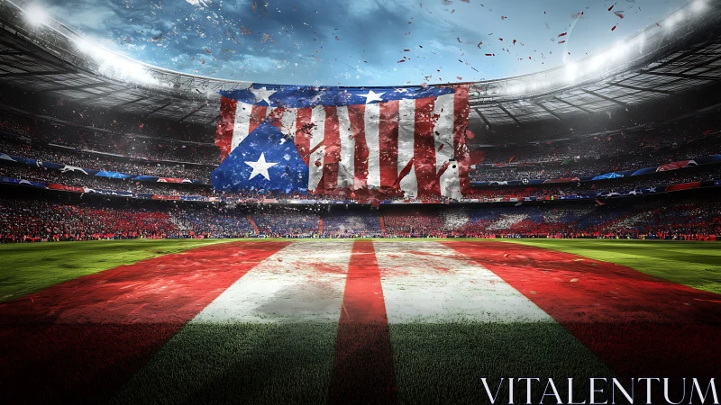 Flagstorm over roaring stadium, stripes thundering skyward.