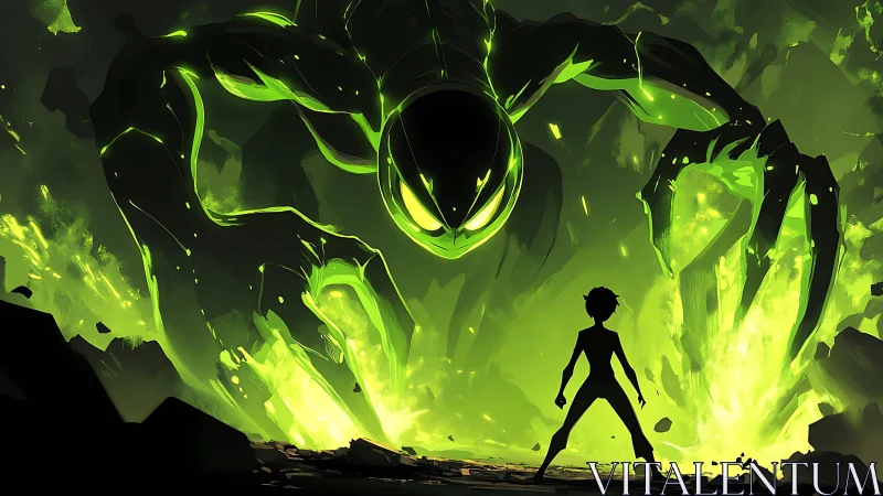 Silhouetted hero confronting glowing green monster.