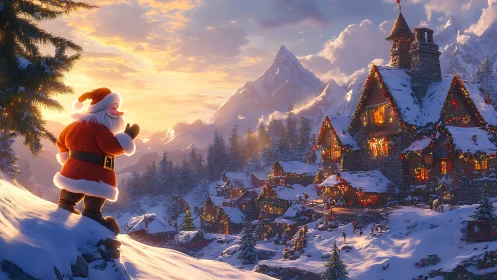 Santa figure overlooking snowy village at winter sunset.