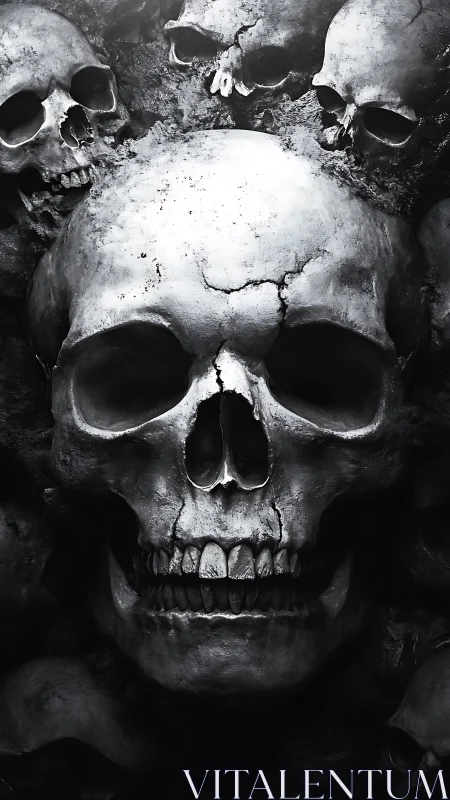Moody skull portrait in soft grayscale shadows and light.