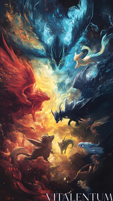 Elemental fox spirits whirl in a blazing cosmic vortex.