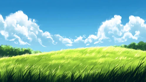 Sunlit grassy hill stretches under bright summer sky